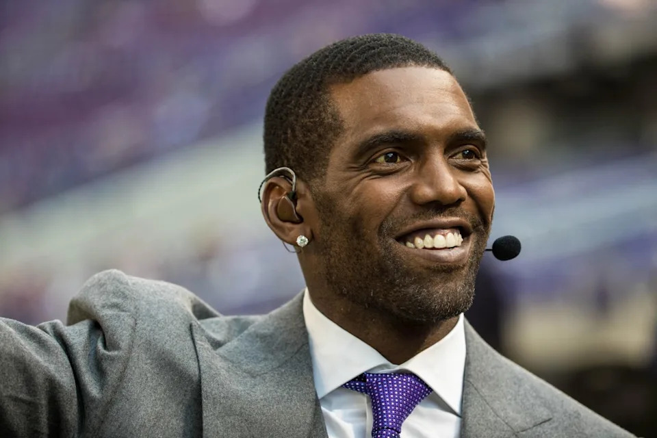 ESPN personality Randy Moss looks on prior to the game between the Minnesota Vikings and New Orleans Saints at U.S. Bank Stadium.