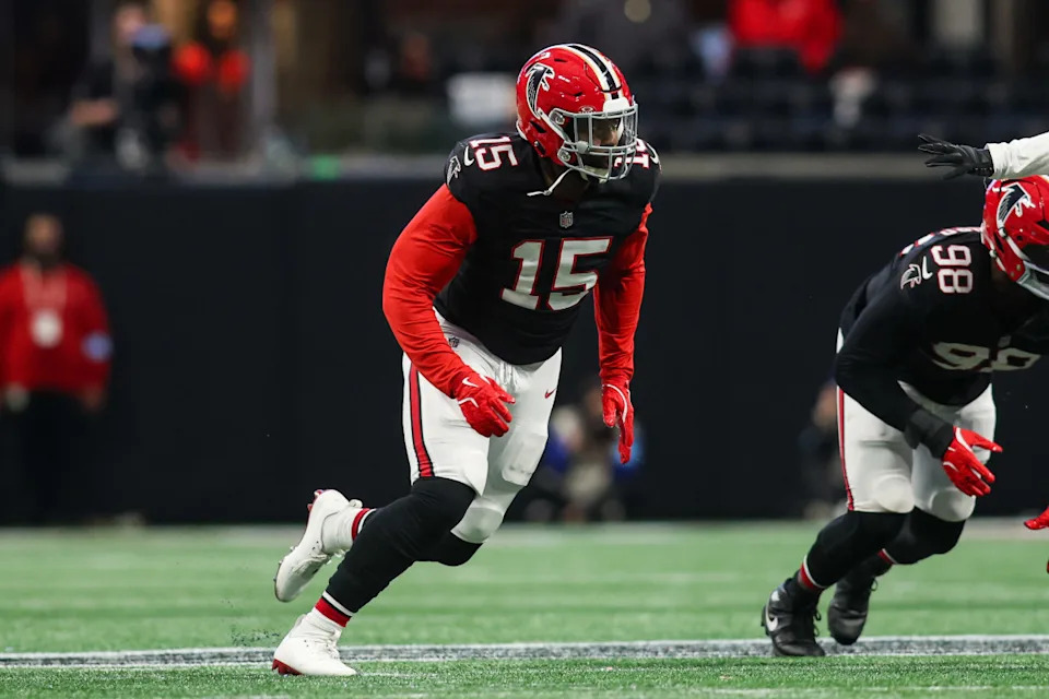 Matthew Judon rushes the passer against the New York Giants last season in Atlanta. Brett Davis-Imagn Images