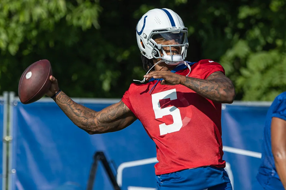 WESTFIELD, INDIANA - JULY 29: Anthony Richardson #5 of the Indianapolis Colts participates in training camp at Grand Park Sports Campus on July 29, 2023 in Westfield, Indiana. (Photo by Michael Hickey/Getty Images)Michael Hickey&sol;Getty Images