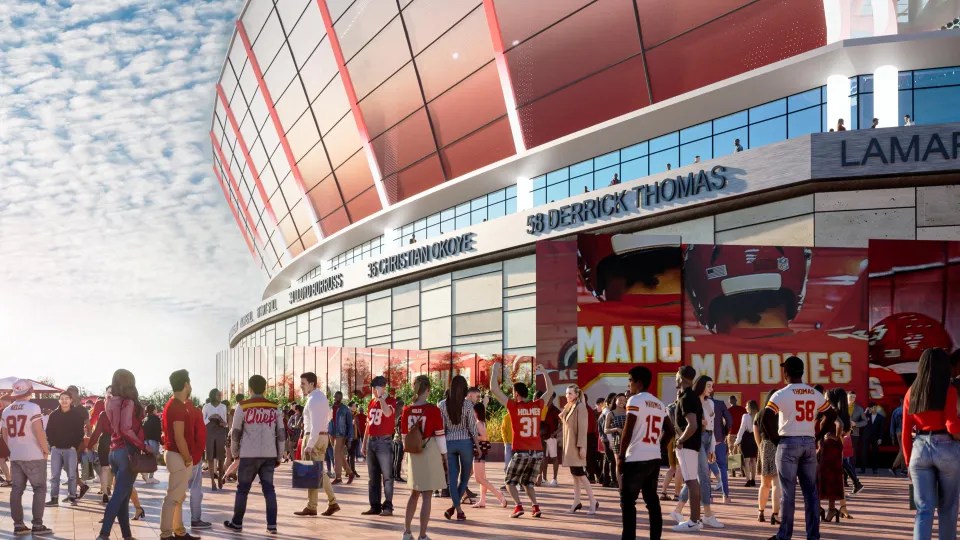 Rendering of a stadium exterior with fans outside.