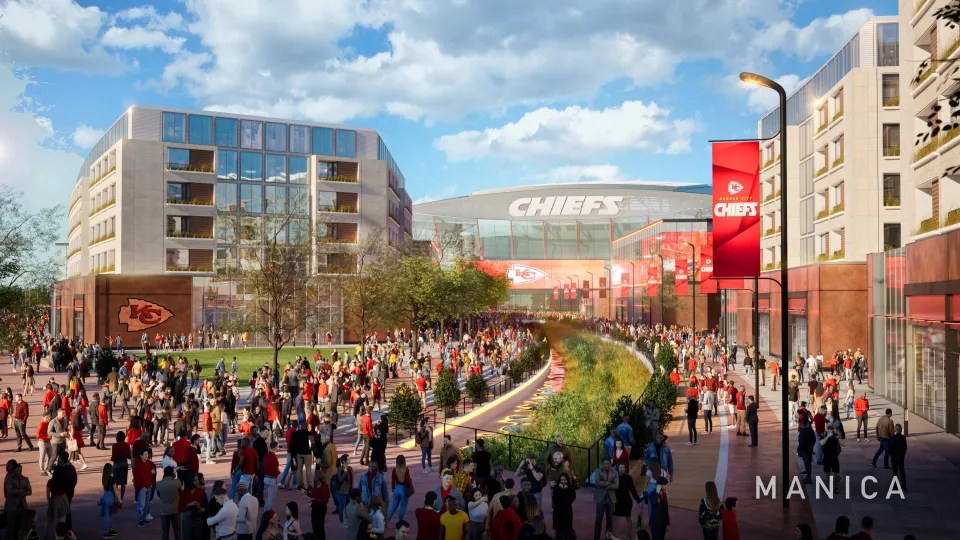 Illustration of a new Kansas City Chiefs stadium and surrounding development.