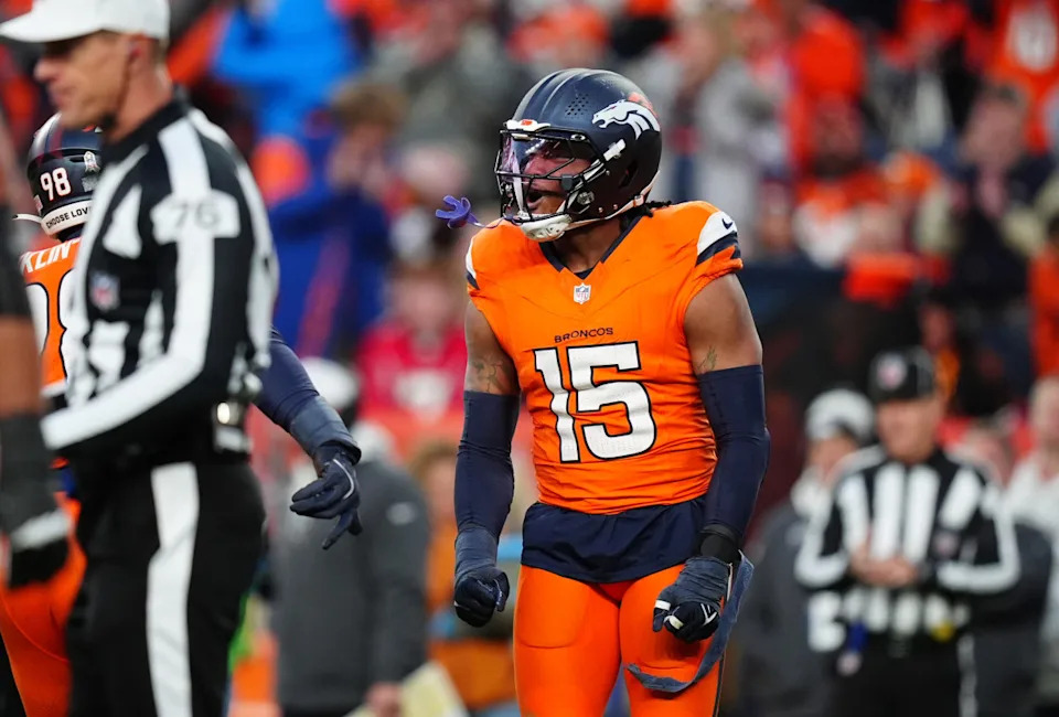 Denver Broncos linebacker Nik Bonitto (15) celebrates his sack.Ron Chenoy-Imagn Images