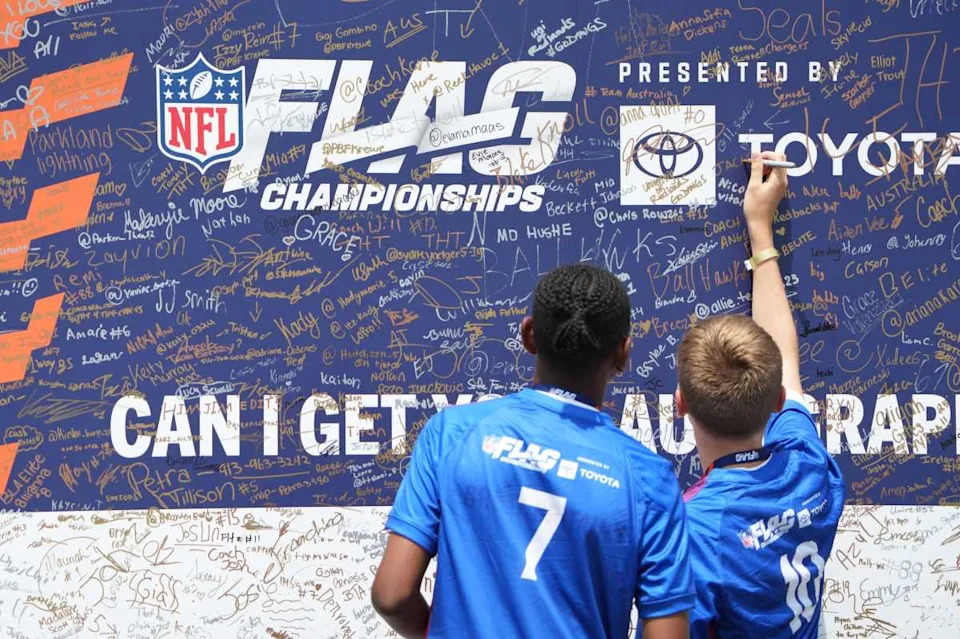 High school players take part in a girls flag football skills camp, Thursday, July 17, 2025, in Canton.© Kevin Whitlock / Massillon Independent / USA TODAY NETWORK via Imagn Images