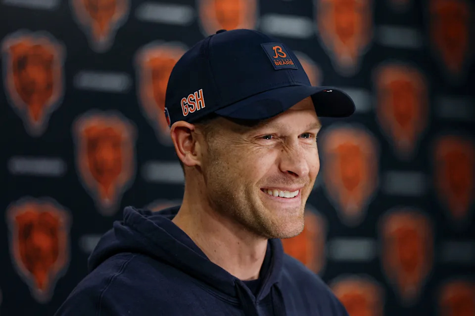 May 9, 2025; Lake Forest, IL, USA; Chicago Bears head coach Ben Johnson (R) speaks during the Rookie Minicamp at Halas Hall. Mandatory Credit: Kamil Krzaczynski-Imagn Images