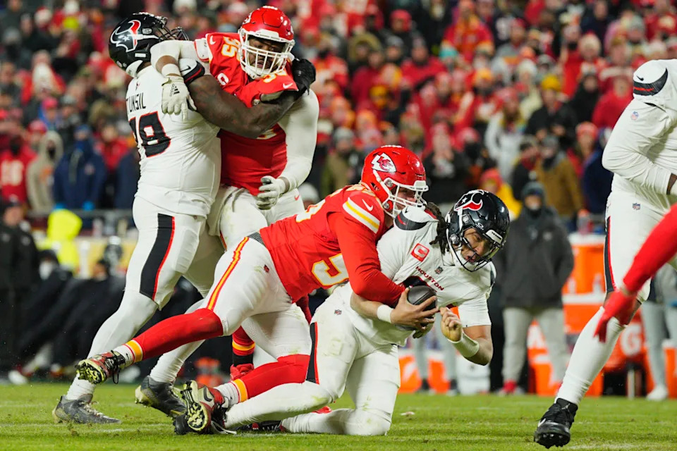 Kansas City Chiefs defensive end George Karlaftis sacks Houston Texans quarterback C.J. Stroud.Jay Biggerstaff-Imagn Images