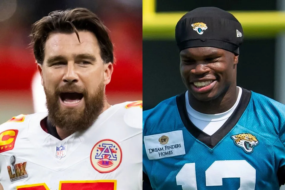 Kansas City Chiefs tight end Travis Kelce (left) and Jacksonville Jaguars rookie Travis Hunter (right).Mark J&period; Rebilas-Imagn Images&semi; Doug Engle&sol;Florida Times-Union