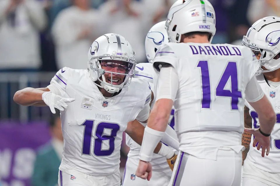 Justin Jefferson and Sam Darnold celebrate during the Vikings' 2024 NFL season.Brad Rempel-Imagn Images
