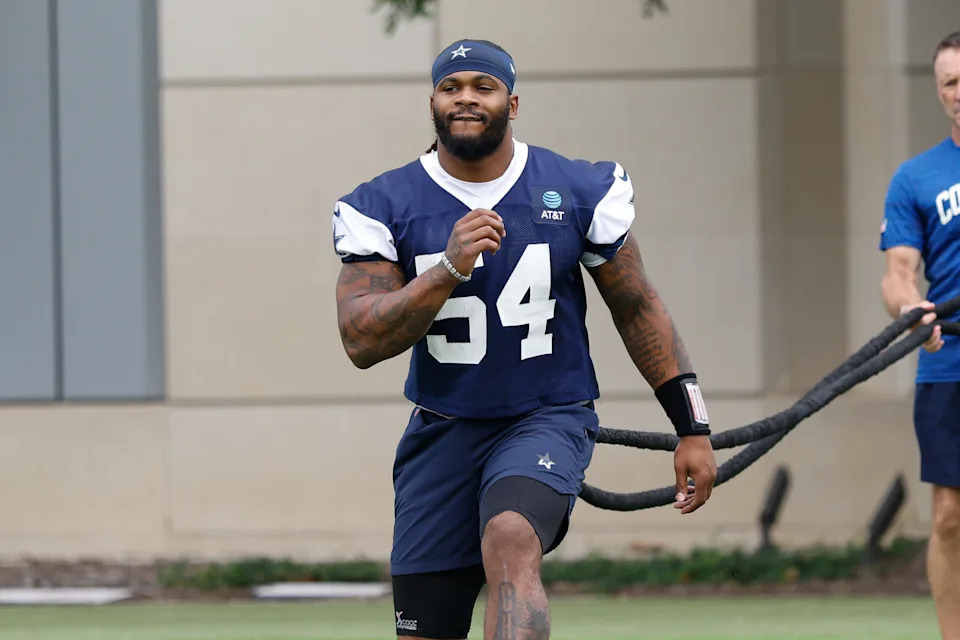 Jun 10, 2025; Arlington, TX, USA; Dallas Cowboys defensive end Sam Williams (54) goes through a drill during practice at the Ford Center at the Star Training Facility in Frisco, Texas. Mandatory Credit: Chris Jones-Imagn Images