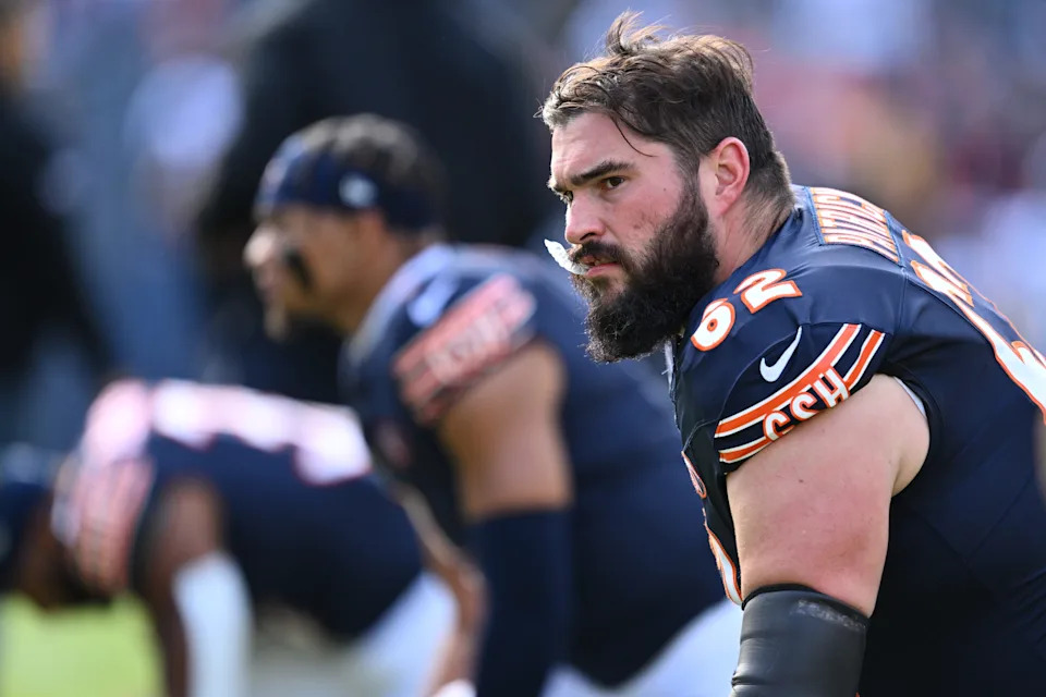 Oct 15, 2023; Chicago, Illinois, USA; Chicago Bears offensive lineman Lucas Patrick (62) stretches before a game against the Minnesota Vikings at Soldier Field. Mandatory Credit: Jamie Sabau-USA TODAY Sports