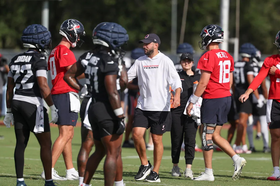 Jul 24, 2025; Houston, TX, USA; Houston Texans offensive coordinator Nick Caley during training camp at Houston Methodist Training Center. Mandatory Credit: Troy Taormina-Imagn Images