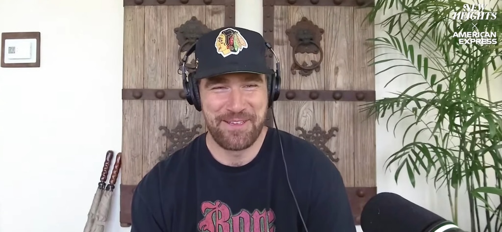 Still from New Heights episode April 2 of Jason Kelce introducing Travis Kelce to his new niece Finnley