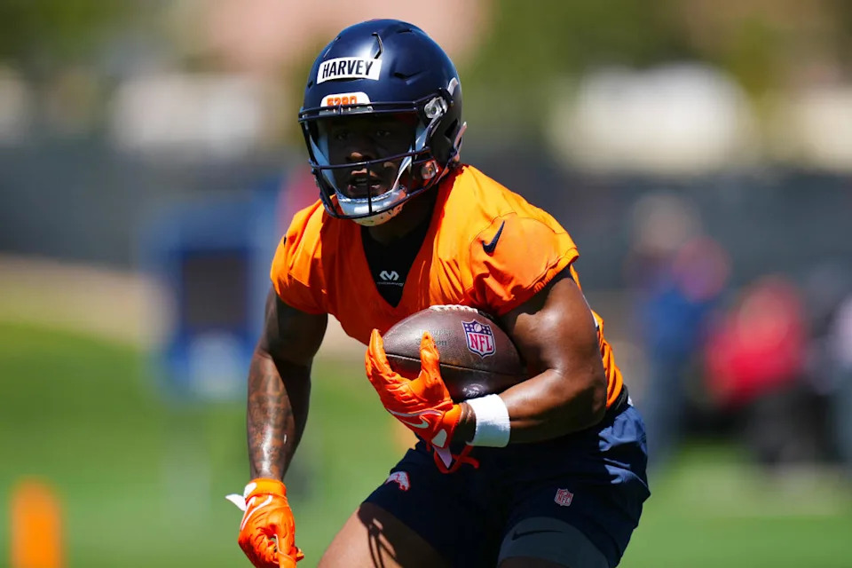 Denver Broncos running back RJ Harvey (37) during rookie minicamp at Broncos Park Powered by CommonSpirit.