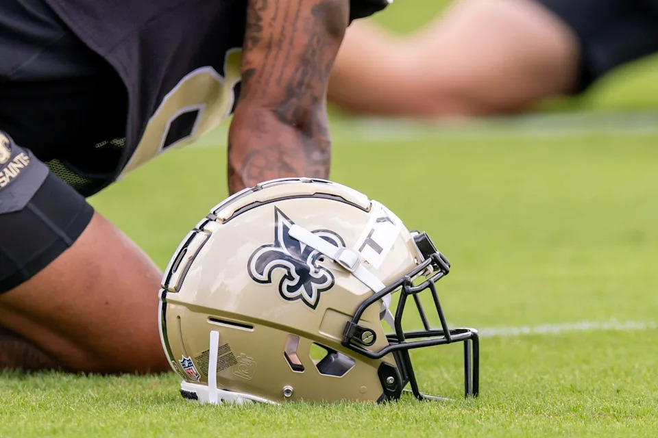 Jun 10, 2025; New Orleans, LA, USA; Detailed view of the Saints helmet during minicamp at Ochsner Sports Performance Center. Mandatory Credit: Stephen Lew-Imagn Images
