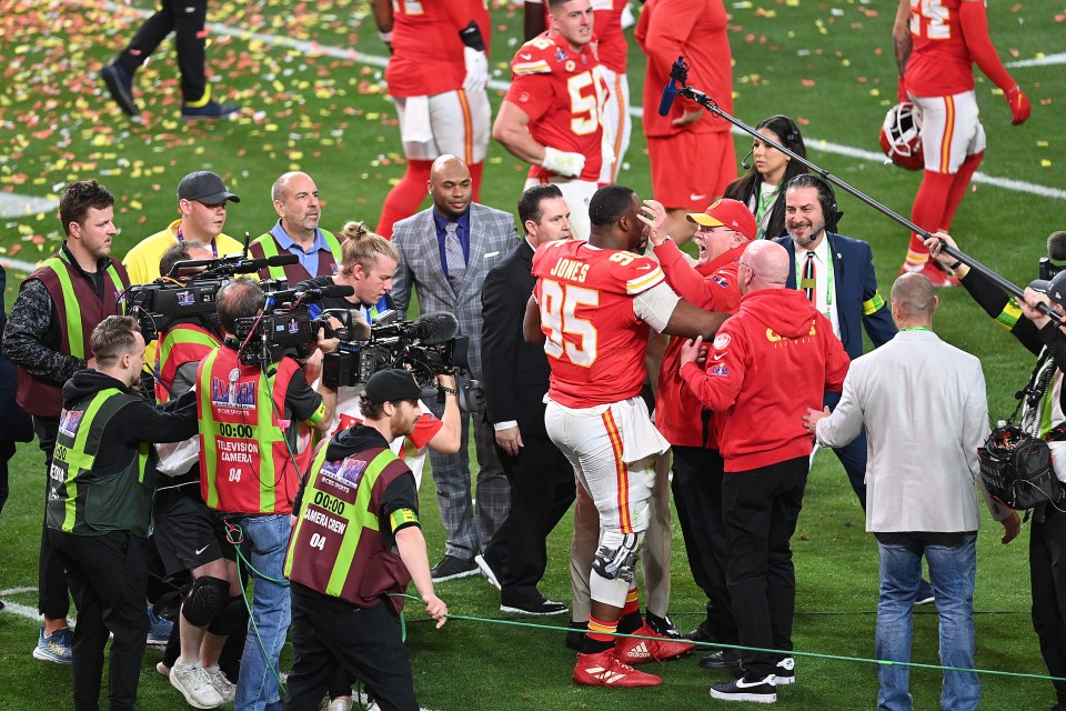 Kansas City Chiefs Coach Andy Reid and player Chris Jones celebrate their Super Bowl LVIII victory.
