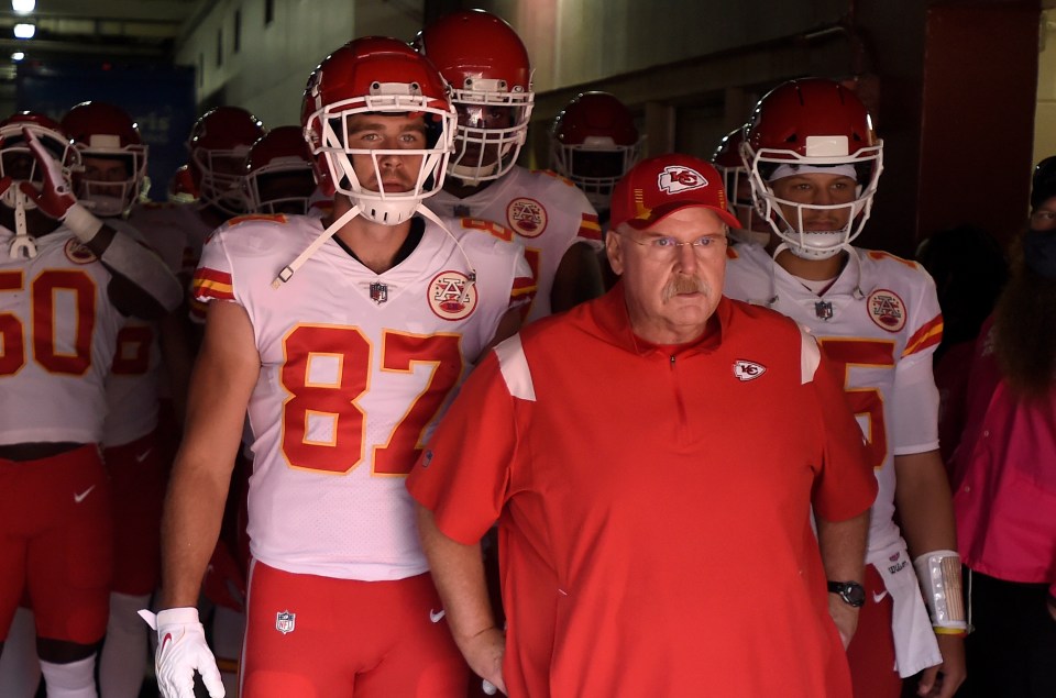 Kansas City Chiefs Head Coach Andy Reid with players Travis Kelce and Patrick Mahomes.