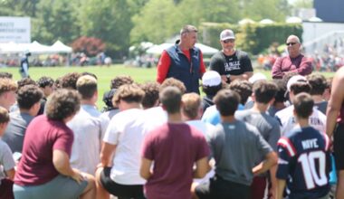 Mike Vrabel offers encouragement to La Salle Academy football team and their head coach, former Patriots center Dan Koppen