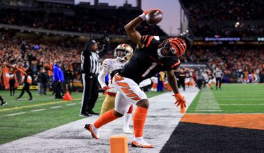 DESCRIBE THE PHOTOCincinnati Bengals wide receiver Ja'Marr Chase (1) spikes the football during an NFL football game against the San Francisco 49ers, Sunday, Dec. 12, 2021, in Cincinnati.
