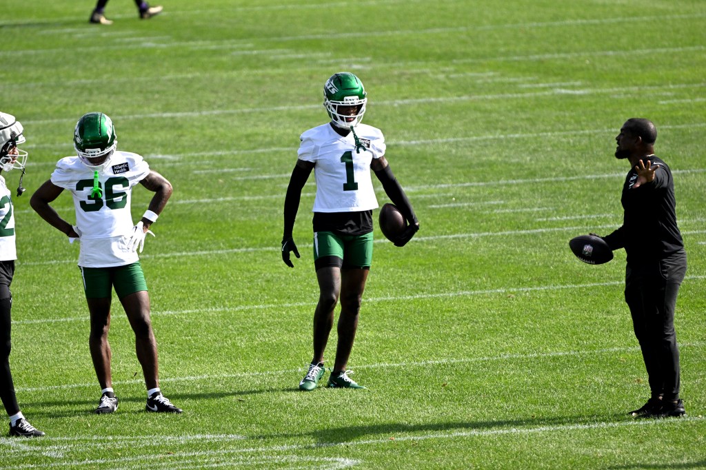 Jets cornerback Sauce Gardner (1) looks on during practice at training camp in Florham Park, NJ. 
