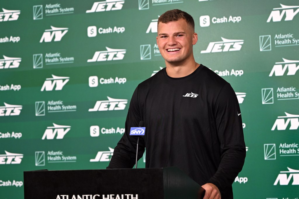 ets draft pick Mason Taylor speaks to the media during the Jets rookie minicamp in Florham Park, NJ.