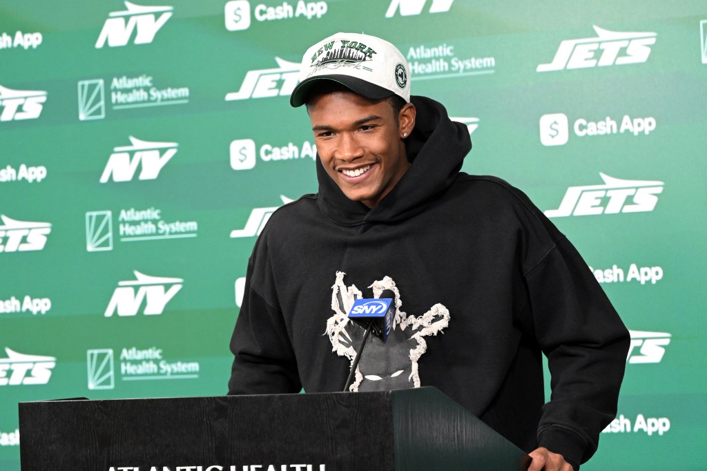 New York Jets wide receiver Garrett Wilson at a press conference.