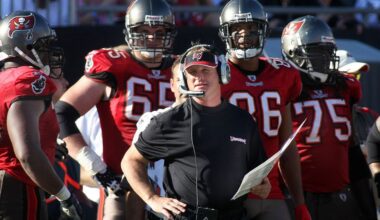 Tampa Bay Buccaneers head coach Jon Gruden, center, and Tampa Bay Buccaneers defensive tackle Arron Sears, left, Tampa Bay Buccaneers offensive tackle Jeremy Trueblood (65), Tampa Bay Buccaneers tight end Jerramy Stevens (86) and Tampa Bay Buccaneers guard Davin Joseph (75) at an NFL football game between the Oakland Raiders and Tampa Bay Buccaneers in Tampa, Fla., Sunday, Dec. 28, 2008 . (AP Photo/Reinhold Matay)