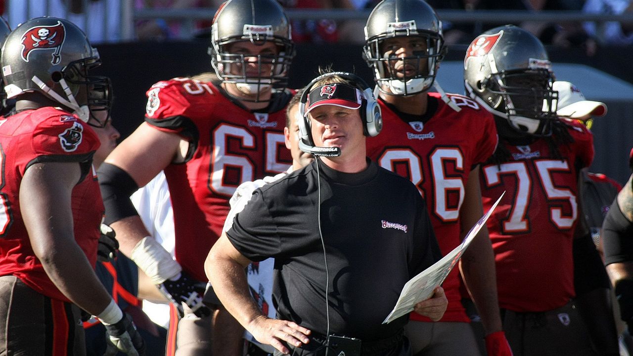 Tampa Bay Buccaneers head coach Jon Gruden, center, and Tampa Bay Buccaneers defensive tackle Arron Sears, left, Tampa Bay Buccaneers offensive tackle Jeremy Trueblood (65), Tampa Bay Buccaneers tight end Jerramy Stevens (86) and Tampa Bay Buccaneers guard Davin Joseph (75) at an NFL football game between the Oakland Raiders and Tampa Bay Buccaneers in Tampa, Fla., Sunday, Dec. 28, 2008 . (AP Photo/Reinhold Matay)