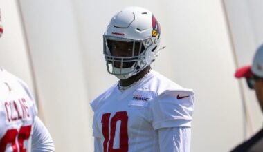 Cardinals pass rusher Josh Sweat looks on during minicamp. He made the NFL Top 100 on Wednesday....