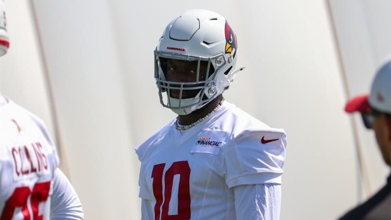 Cardinals pass rusher Josh Sweat looks on during minicamp. He made the NFL Top 100 on Wednesday....