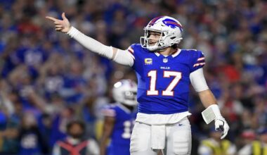Buffalo Bills quarterback Josh Allen (17) signals for a first down during the first half of an NFL football game against the Jacksonville Jaguars, Monday, Sept. 23, 2024, in Orchard Park, NY. (AP Photo/Adrian Kraus)