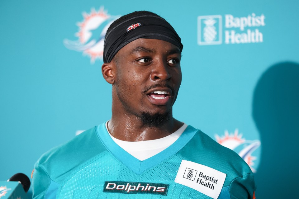 Kader Kohou #4 of the Miami Dolphins speaks to the media.