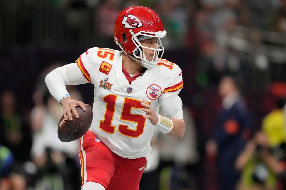 Patrick Mahomes, Kansas City Chiefs quarterback, holding a football.