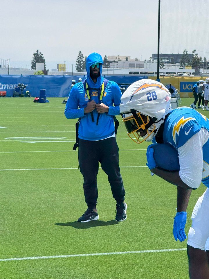 Najee Harris, in a hoodie, at LA Chargers training.