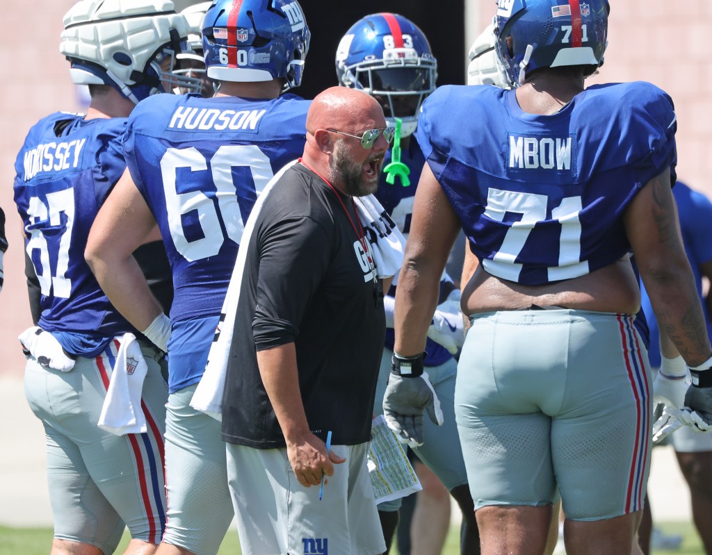 Brian Daboll yelling during practice at the Giants Training Facility.