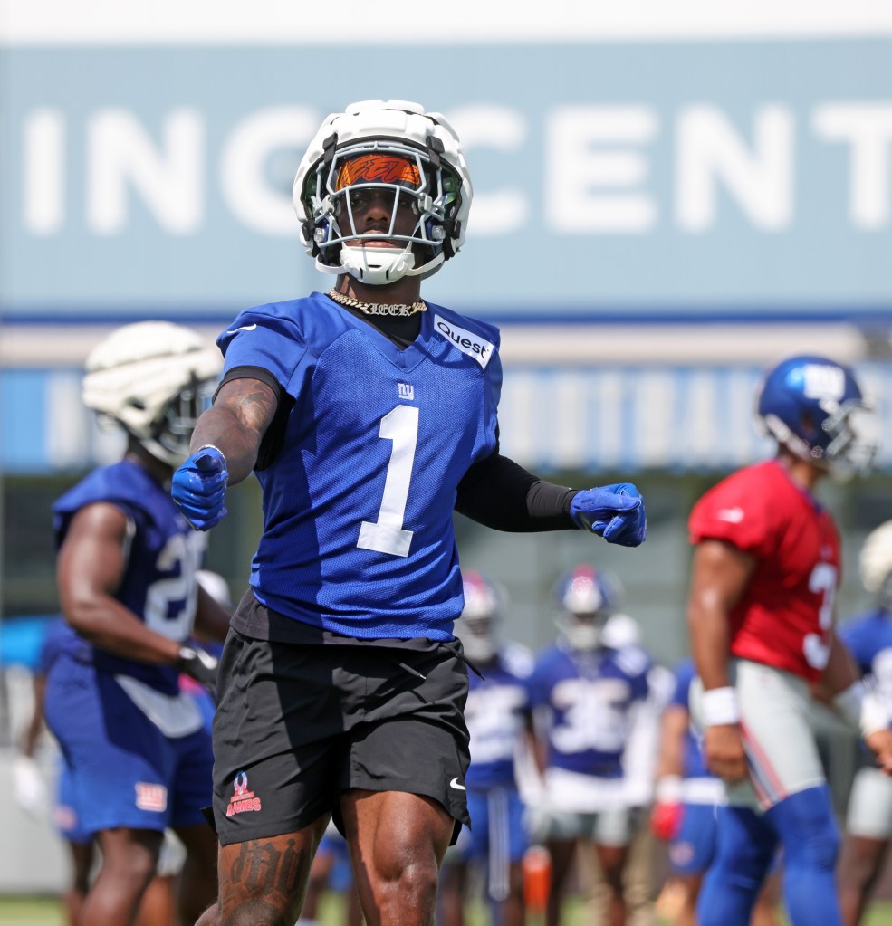 New York Giants wide receiver Malik Nabers (#1) at training camp.
