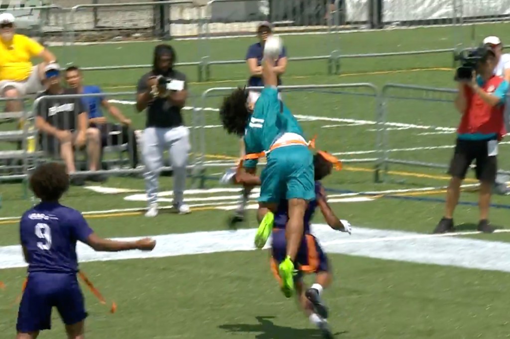 Spectacular flag football catch.