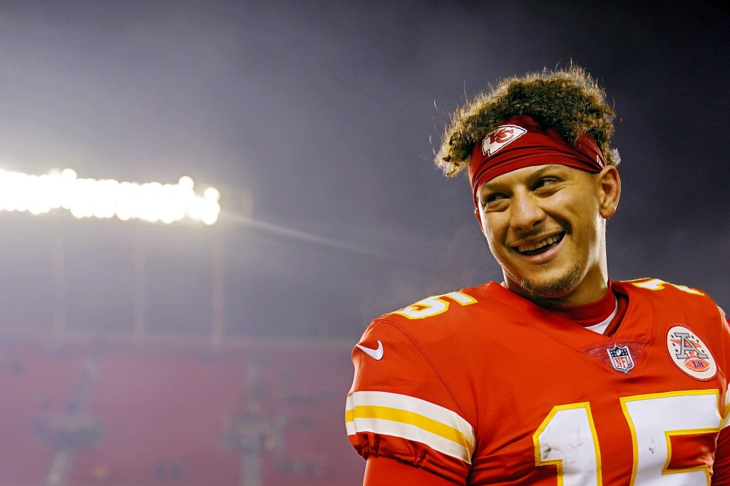 Patrick Mahomes #15 of the Kansas City Chiefs smiles.