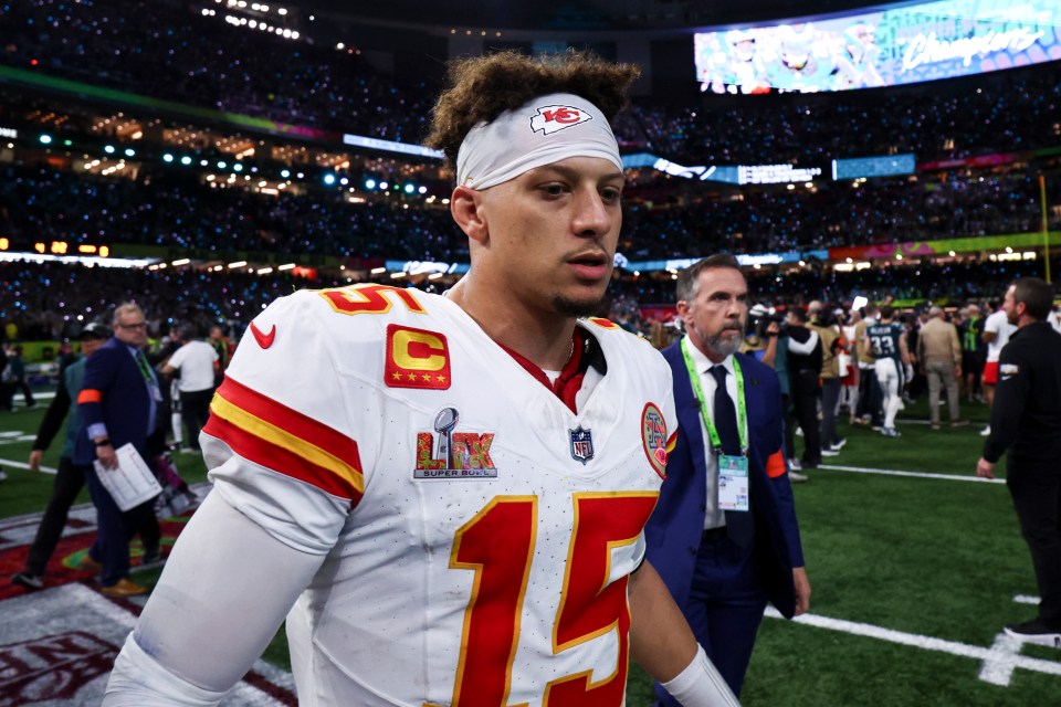 Patrick Mahomes #15 of the Kansas City Chiefs after Super Bowl LIX.
