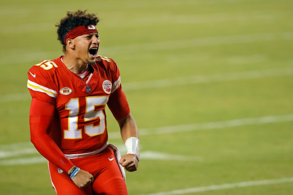 Patrick Mahomes #15 of the Kansas City Chiefs celebrates.