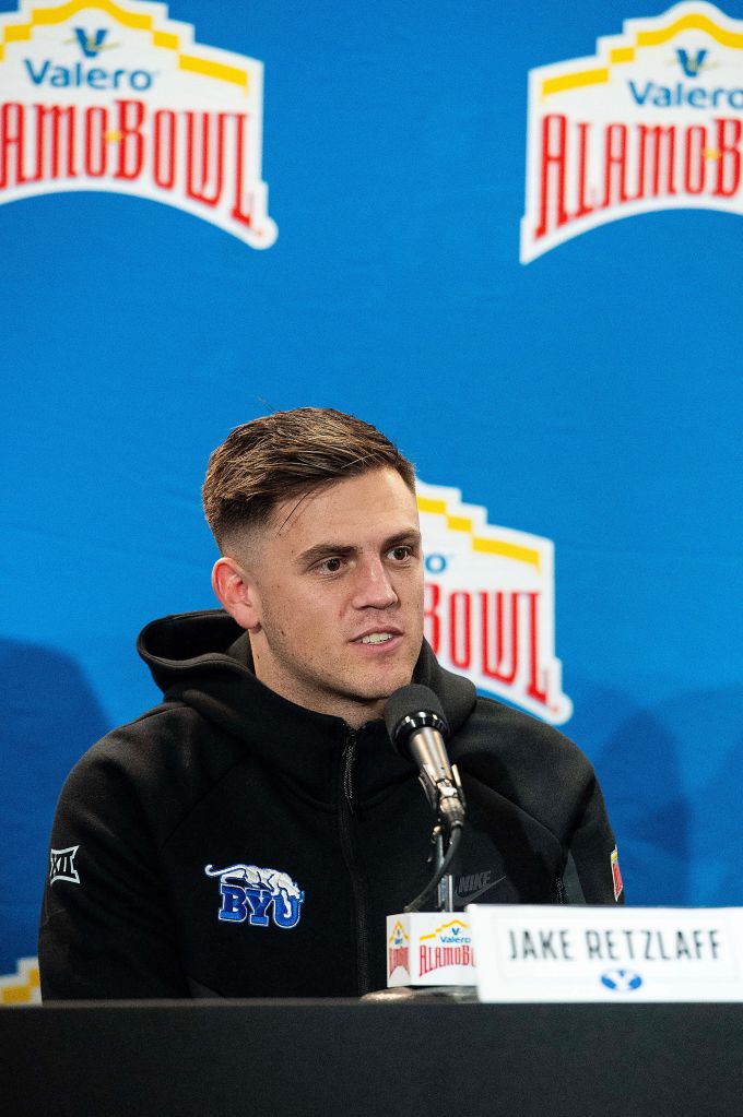 BYU quarterback Jake Retzlaff at a press conference.