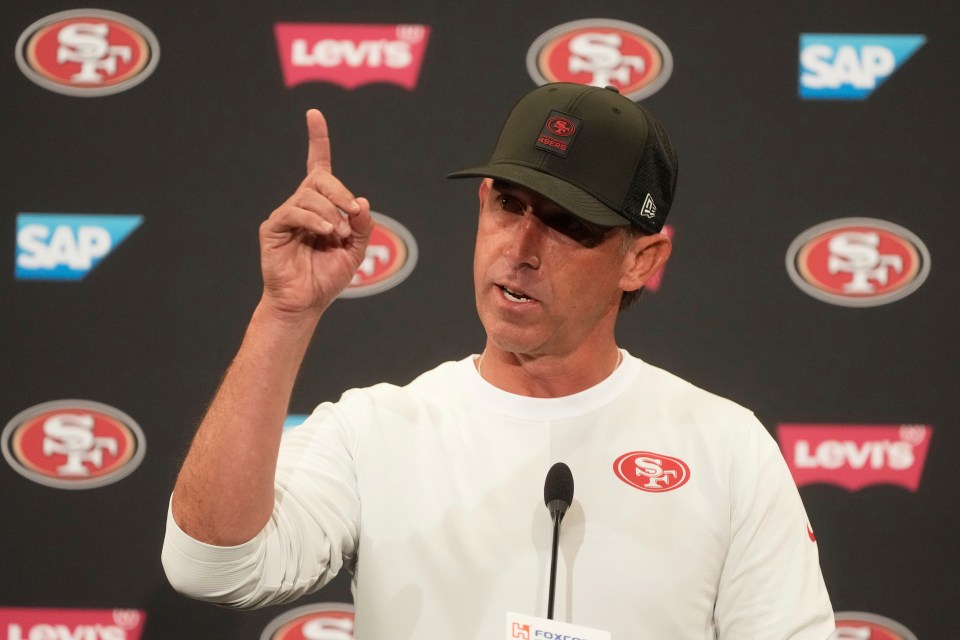 Kyle Shanahan, head coach of the San Francisco 49ers, speaking at a press conference.