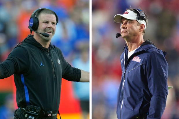 Like their coaching brethren, Florida coach Billy Napier, left, and Ole Miss coach Lane Kiffin wonder how the House v. NCAA Settlement will impact their teams. (Photos by John Raoux and Randy J. Williams/The Associated Press)