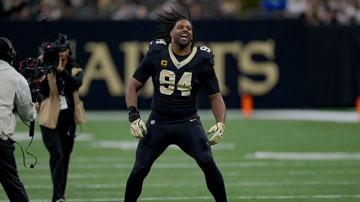 New Orleans Saints defensive end Cameron Jordan (94) does the “Who Dat?” chant before a game against the Las Vegas Raiders at Caesars Superdome.