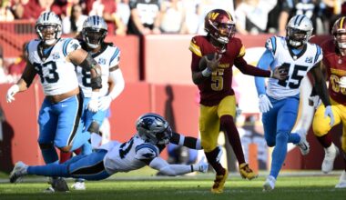 Commanders lose Jayden Daniels to a rib injury in a 40-7 romp over the Panthers