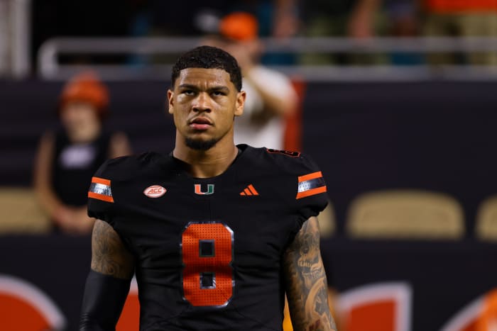 Oct 26, 2024; Miami Gardens, Florida, USA; Miami Hurricanes tight end Elijah Arroyo (8) looks on from the field before the game against the Florida State Seminoles at Hard Rock Stadium.