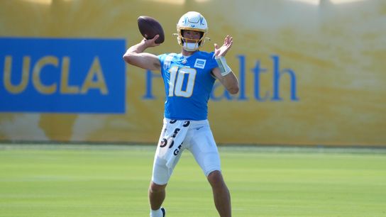 Los Angeles Chargers quarterback Justin Herbert (10) throws the ball during training camp at The Bolt. 