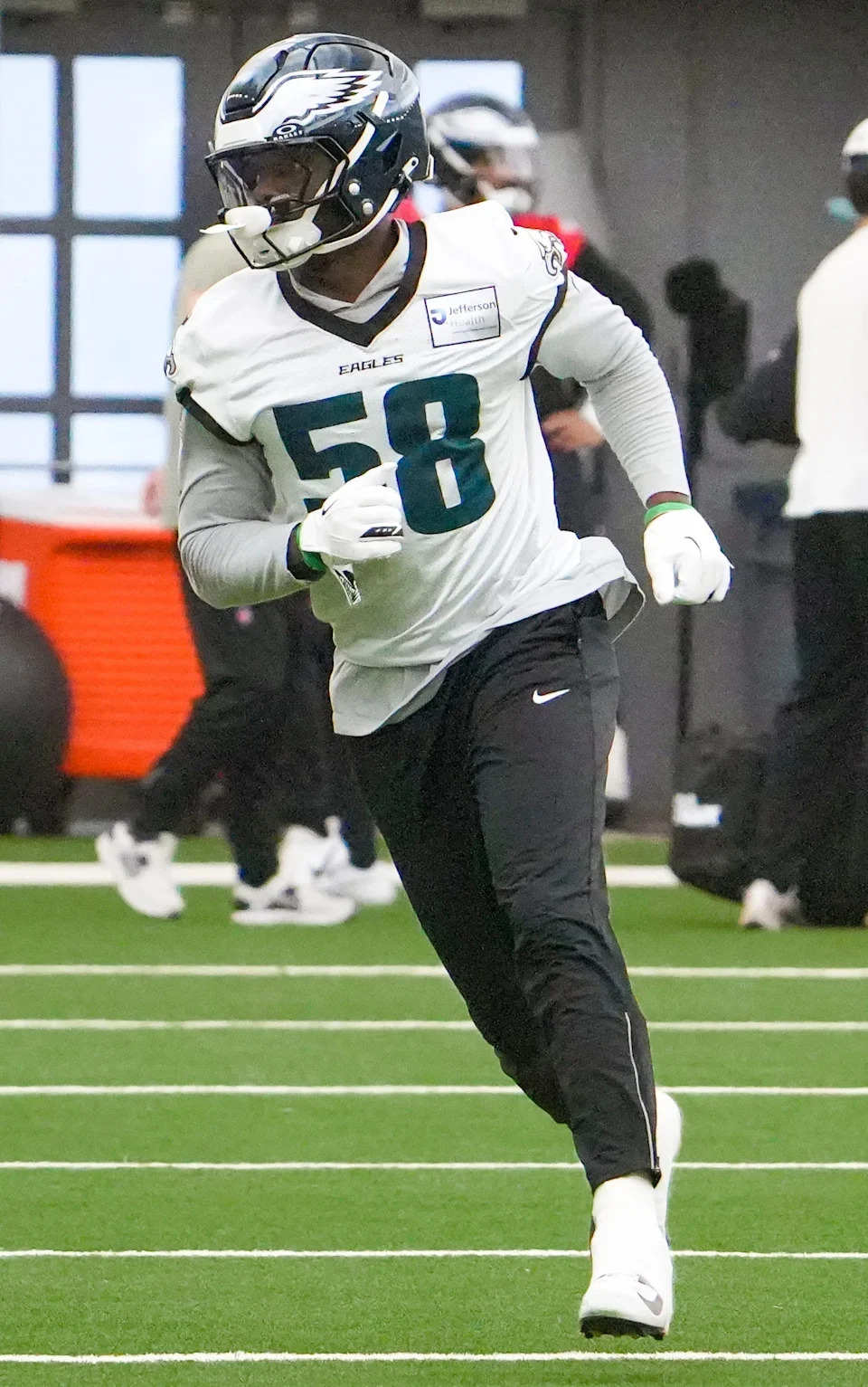 Eagles outside linebacker Jalyx Hunt takes part in drills as the Philadelphia Eagles work out in preparation for the Super Bowl at the NovaCare Complex in Philadelphia, Pa. Friday, Jan. 31, 2025.