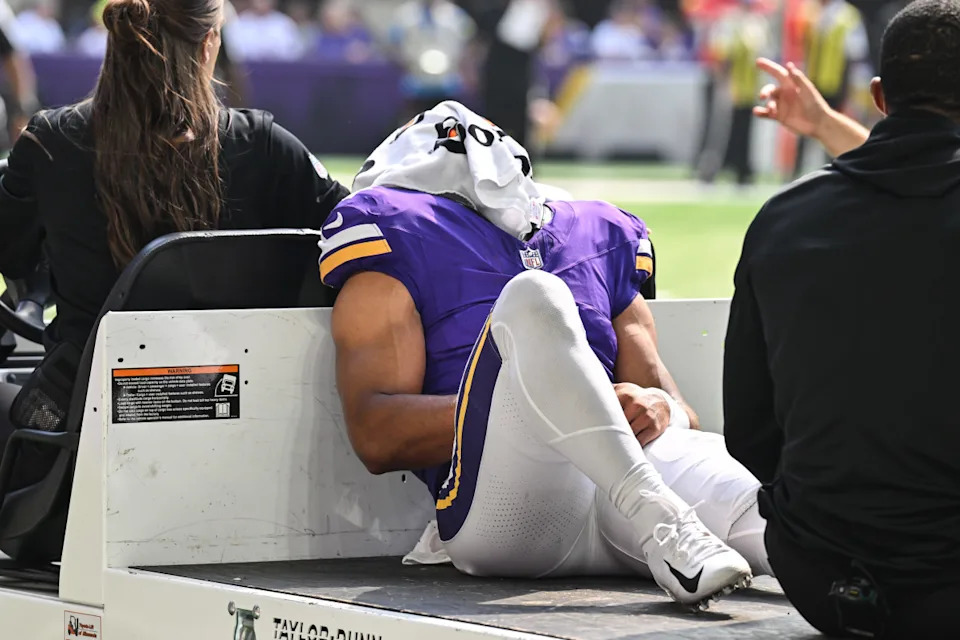 Aug 9, 2025; Minneapolis, Minnesota, USA; Minnesota Vikings wide receiver Rondale Moore (4) is carted off the field after suffering a lower leg injury during the second quarter against the Houston Texans at U.S. Bank Stadium. Mandatory Credit: Jeffrey Becker-Imagn Images© Jeffrey Becker-Imagn Images