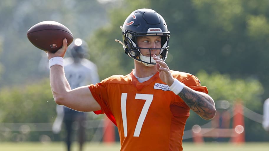 Tyson Bagent throws a pass in a practice jersey during training camp