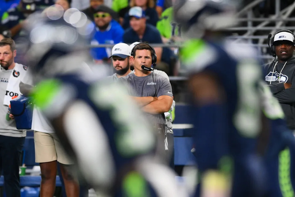 Aug 7, 2025; Seattle, Washington, USA; Seattle Seahawks head coach Mike Macdonald during the second half against the Las Vegas Raiders at Lumen Field. Mandatory Credit: Steven Bisig-Imagn Images