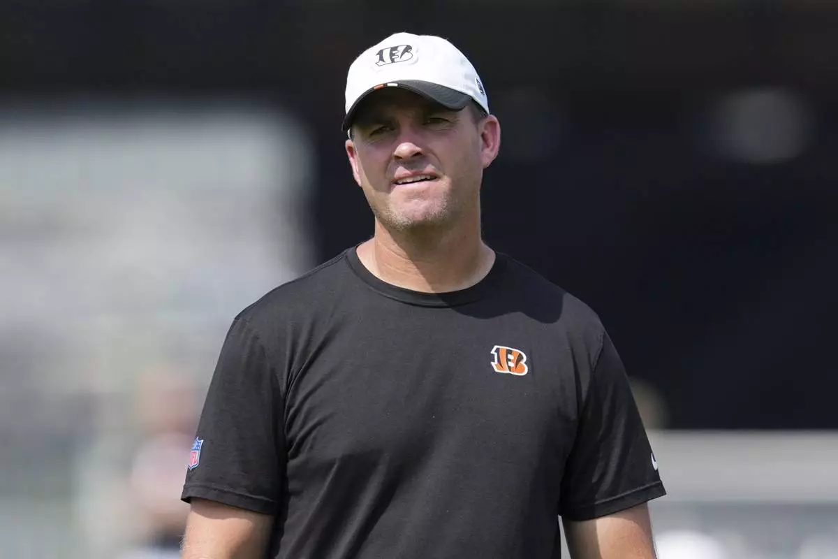 Cincinnati Bengals' head coach Zac Taylor looks on during practice at the team's NFL football training camp, Thursday, July 24, 2025, in Cincinnati. (AP Photo/Jeff Dean)